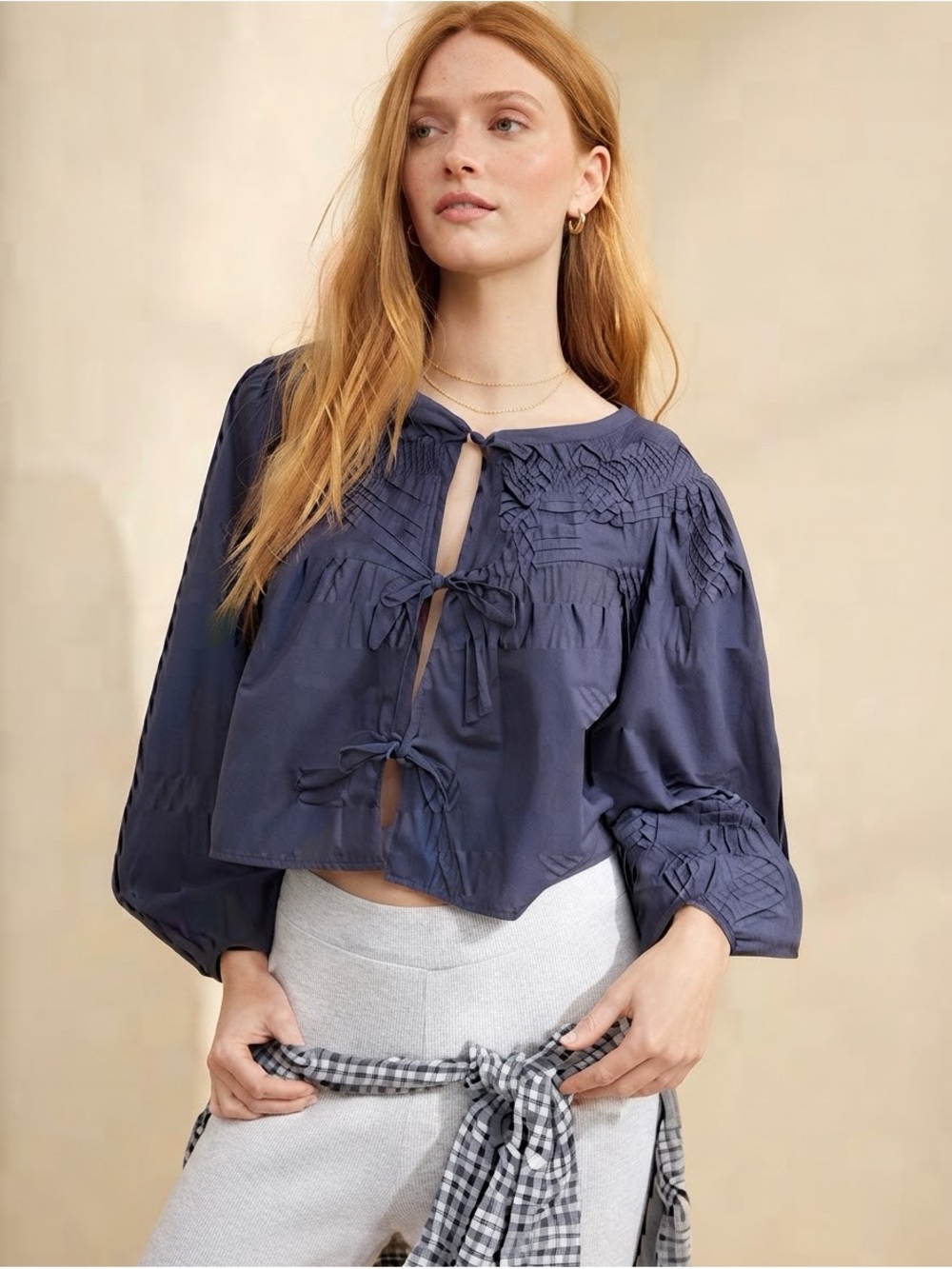 aerie Navy Tie-Front Smocked Crop Blouse